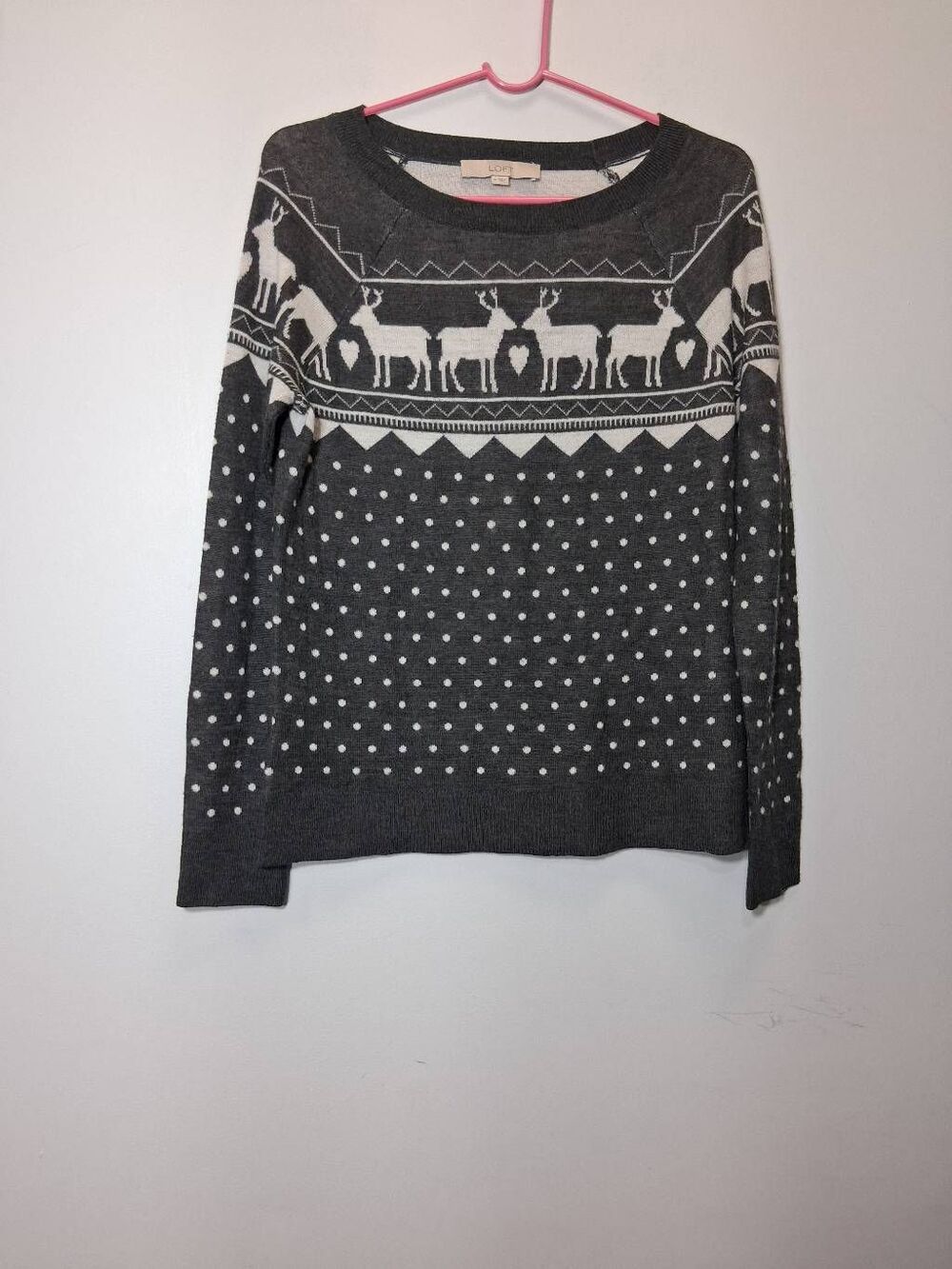 Ann Taylor womens medium fairisle reindeer sweater gray wool holiday